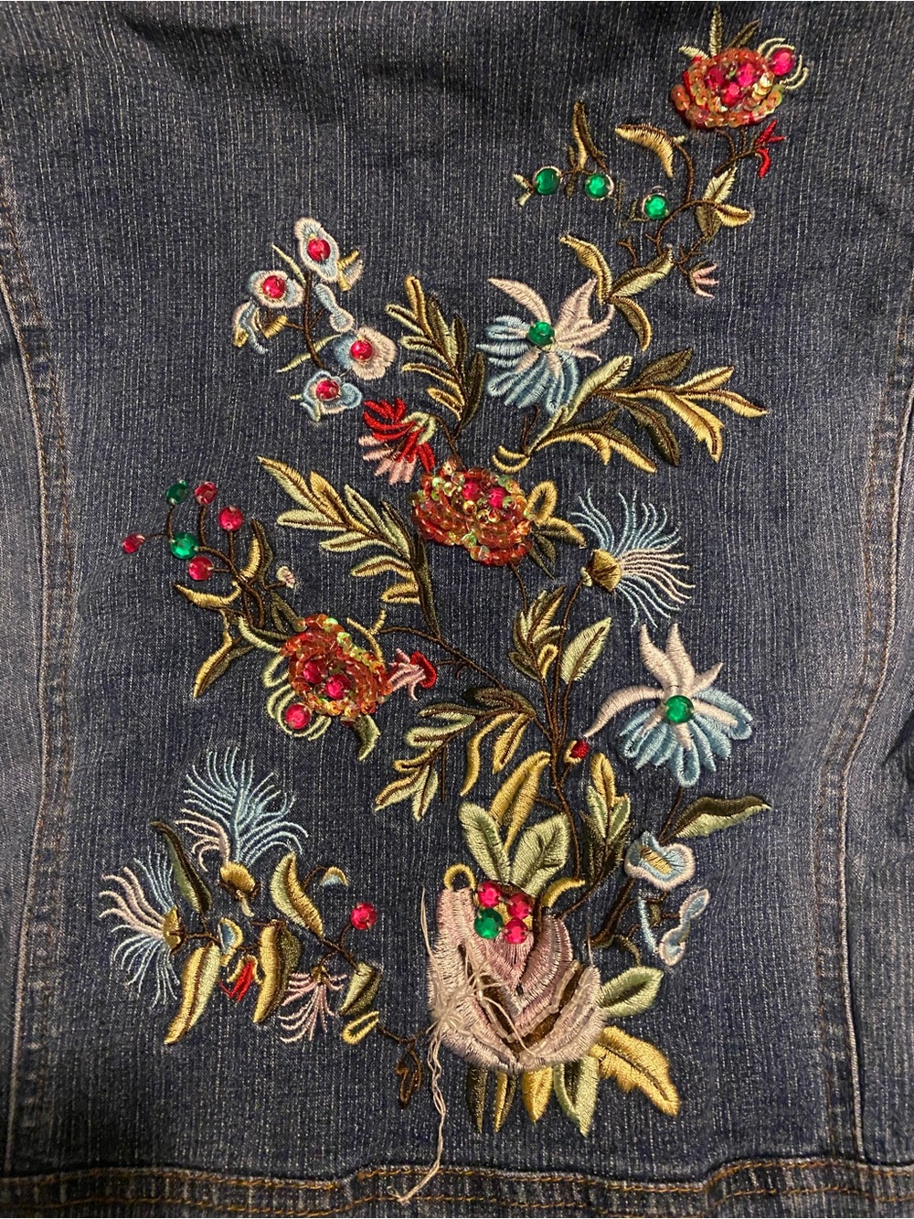 NY Collection Dark Wash Jean Jacket with Multicolor Floral Embroidery